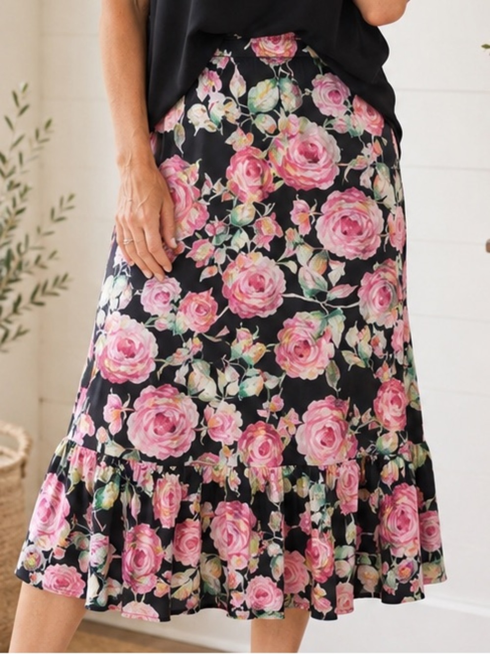 Agnes & Dora Boho Ruffle Midi Skirt Rose Floral XXL NWT